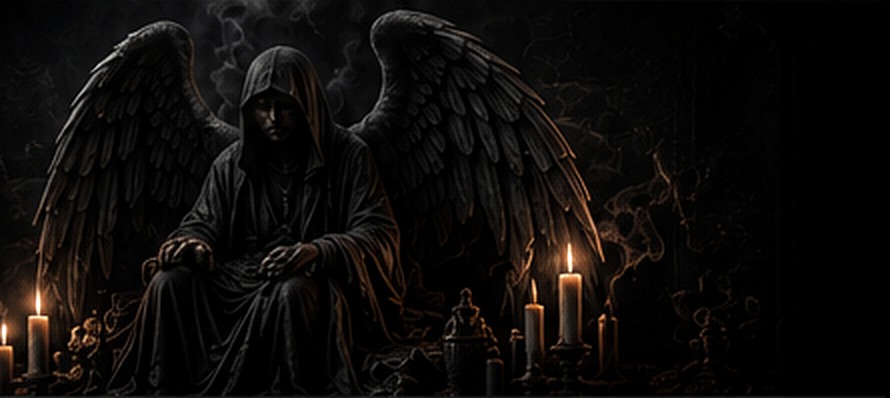 Winged figure seated in darkness with candles