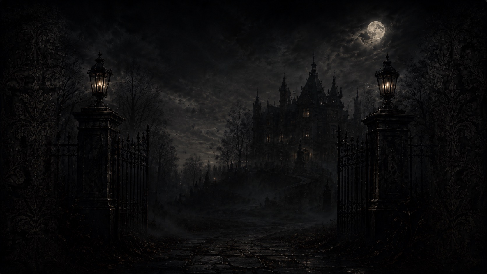 Gothic mansion entrance under a full moon