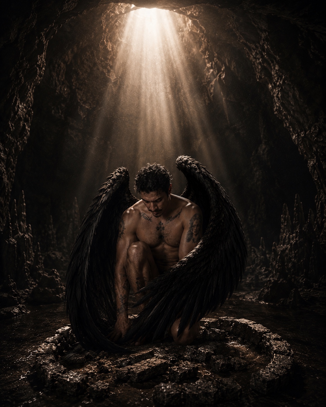 The fallen kneels curled inward in a dark cavern under a shaft of light