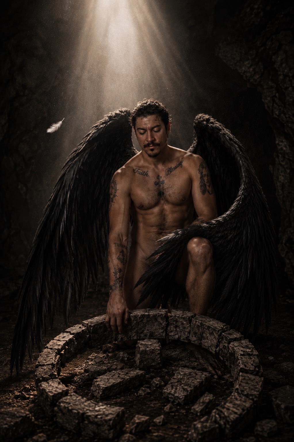 The fallen kneels in the cavern as a white feather drifts through a beam of light