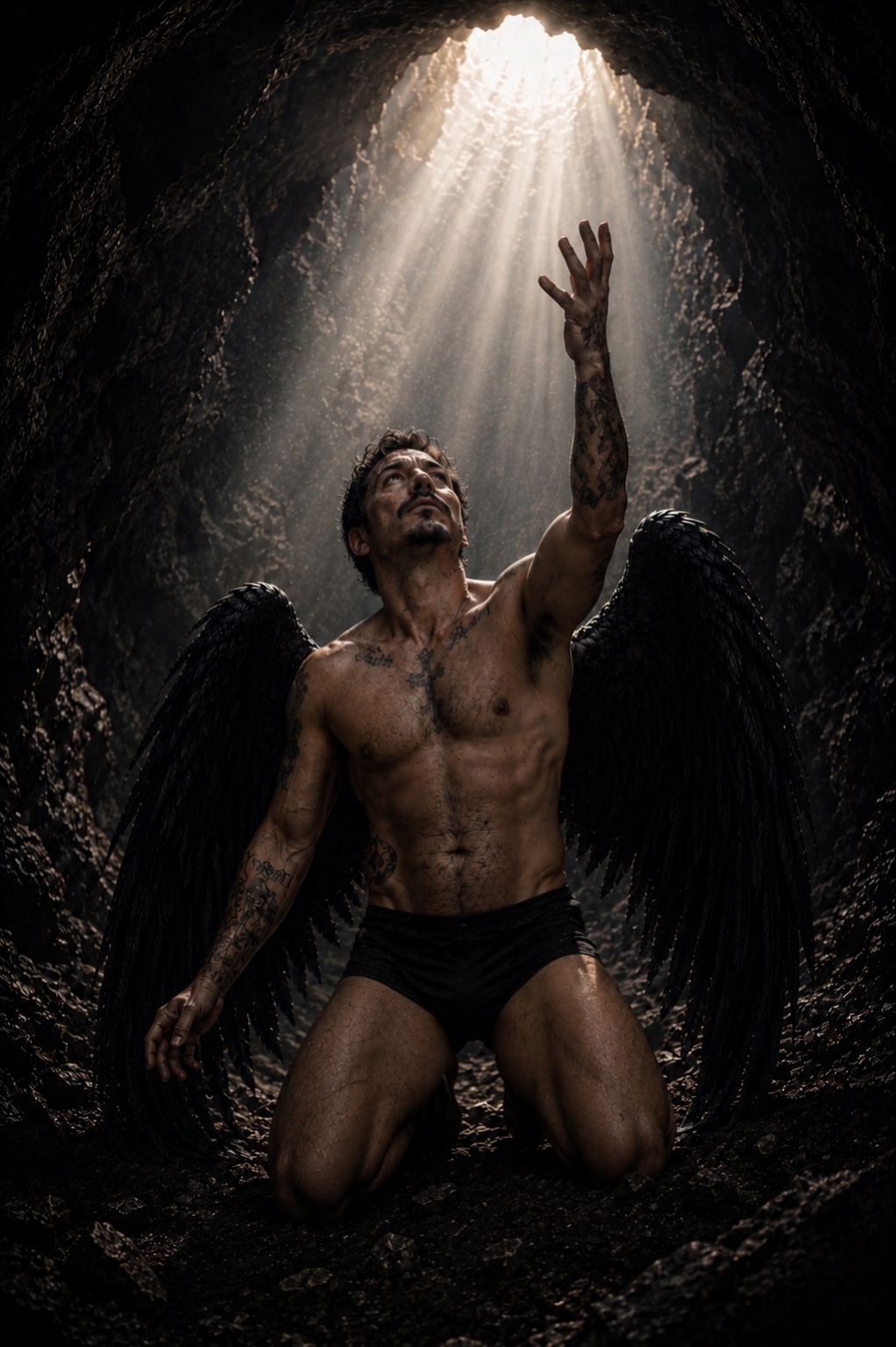 The fallen kneels and reaches upward through a shaft of light