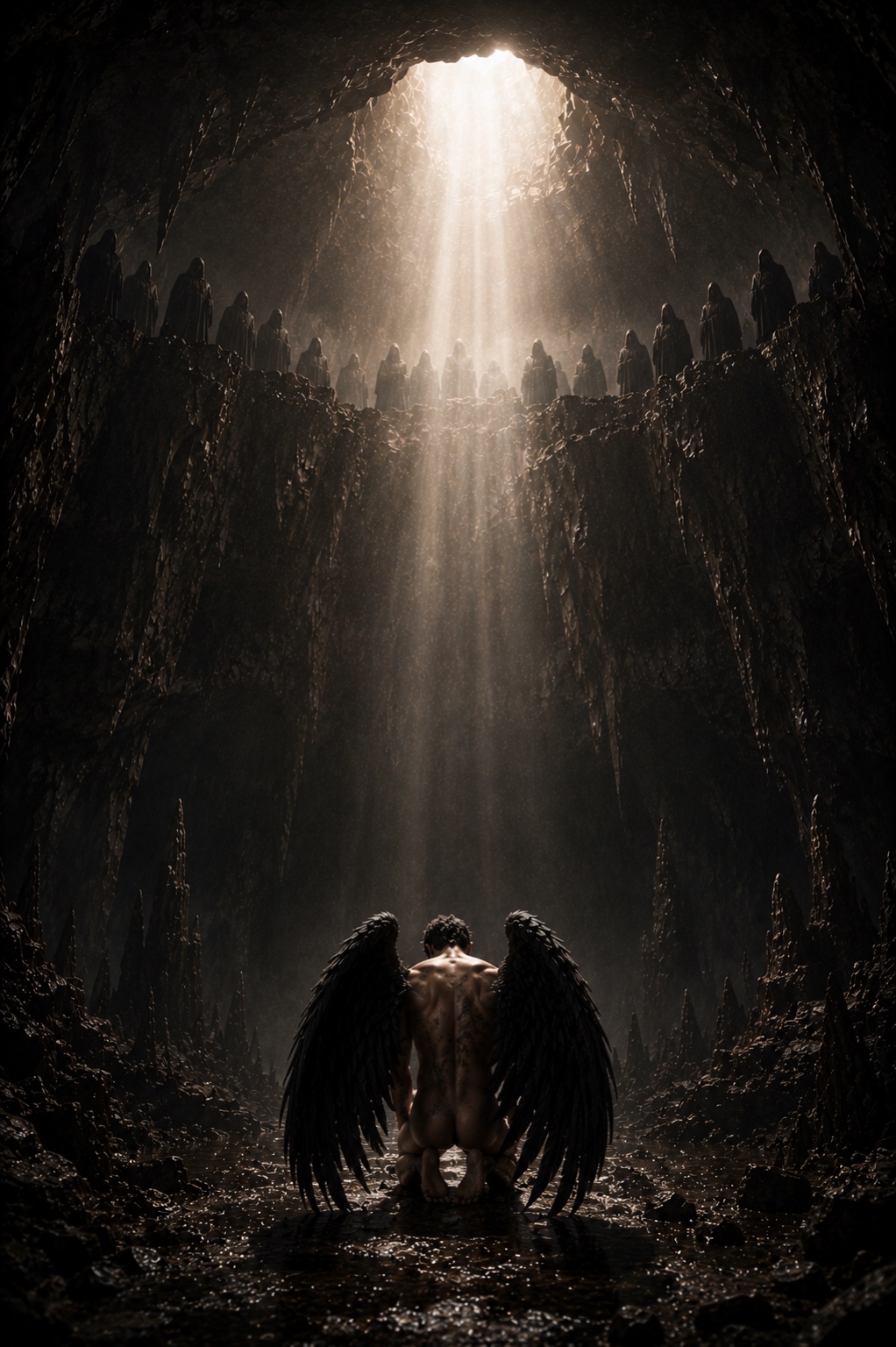 Hooded watchers gather above the fallen in a vast cavern